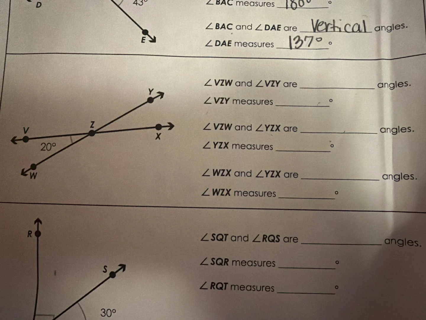 ∠bac measures ____ ° ∠bac and ∠dae are ____ angles. ∠dae measures ____ …