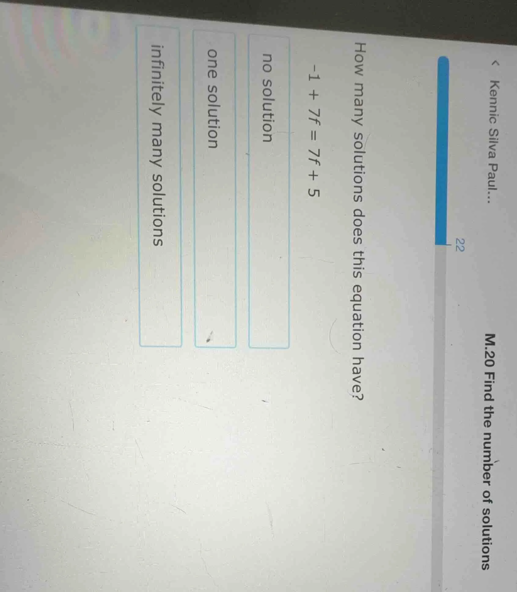 22 m.20 find the number of solutions how many solutions does this equat…