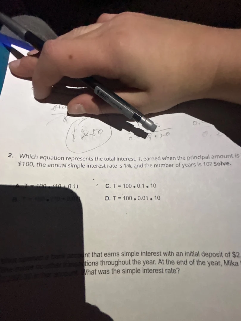 2. which equation represents the total interest, t, earned when the pri…