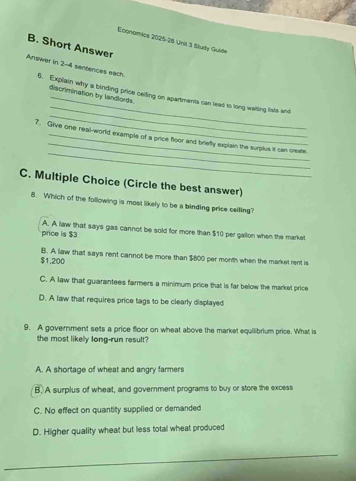 economics 2025-26 unit 3 study guide b. short answer answer in 2-4 sent…