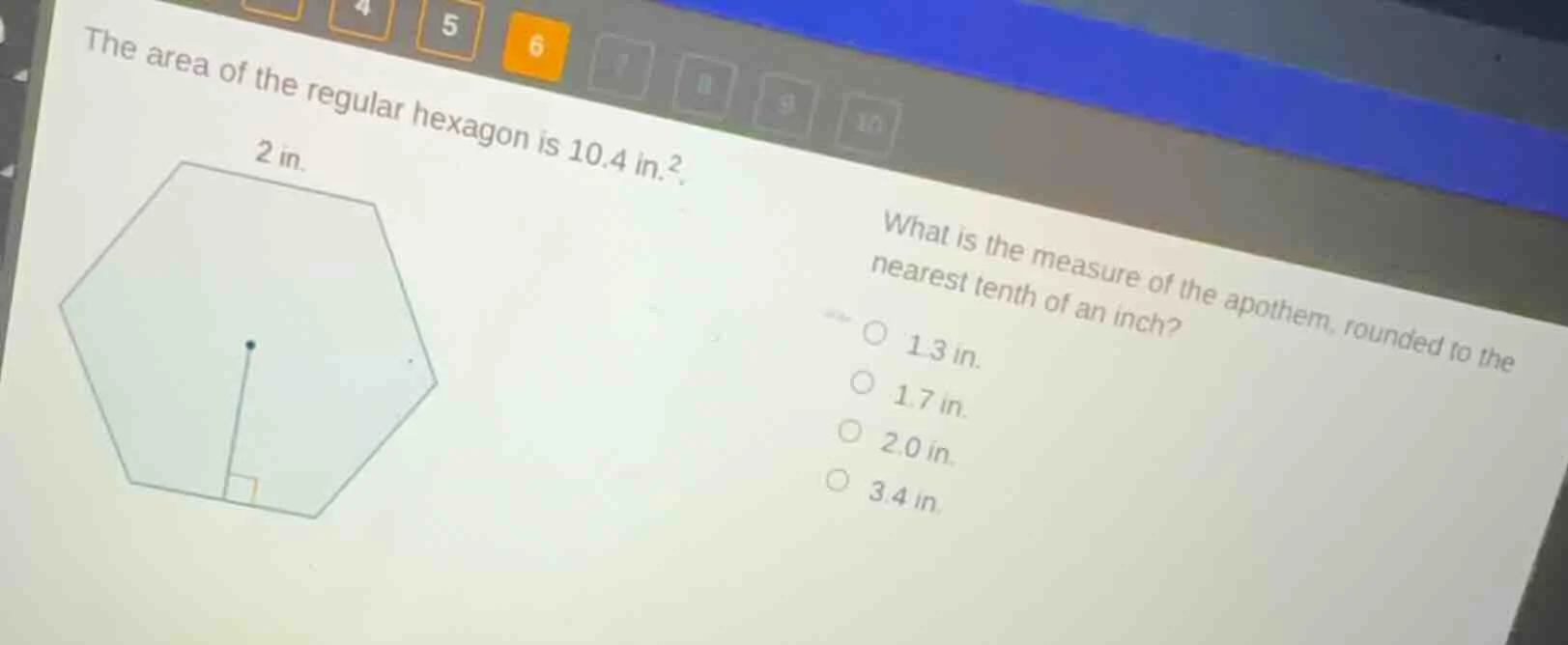 the area of the regular hexagon is $10.4\\ \\text{in.}^2$. what is the …