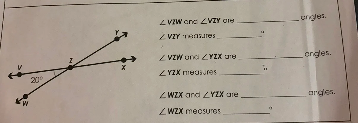∠vzw and ∠vzy are ____________ angles. ∠vzy measures ____________ ° ∠vz…