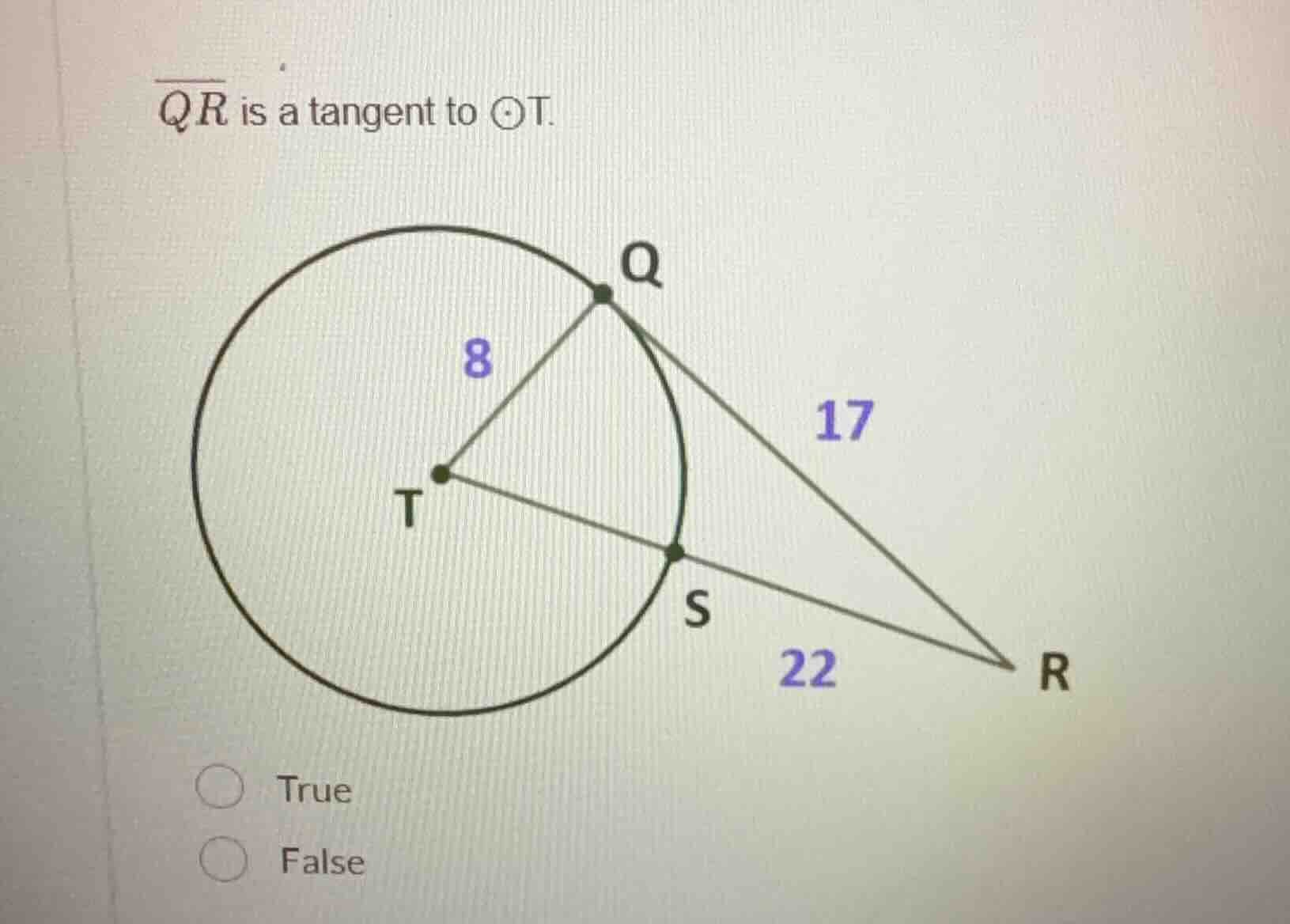 $\\overline{qr}$ is a tangent to $\\odot$t. true false