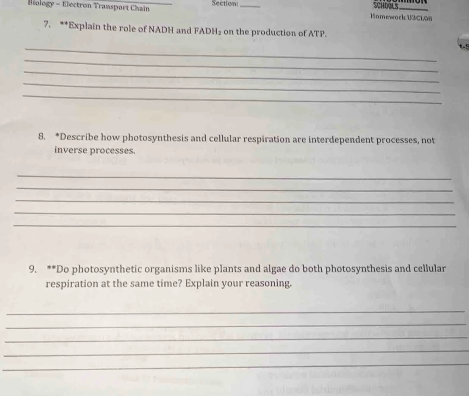 biology - electron transport chain section: schools homework u3cl08 7. …