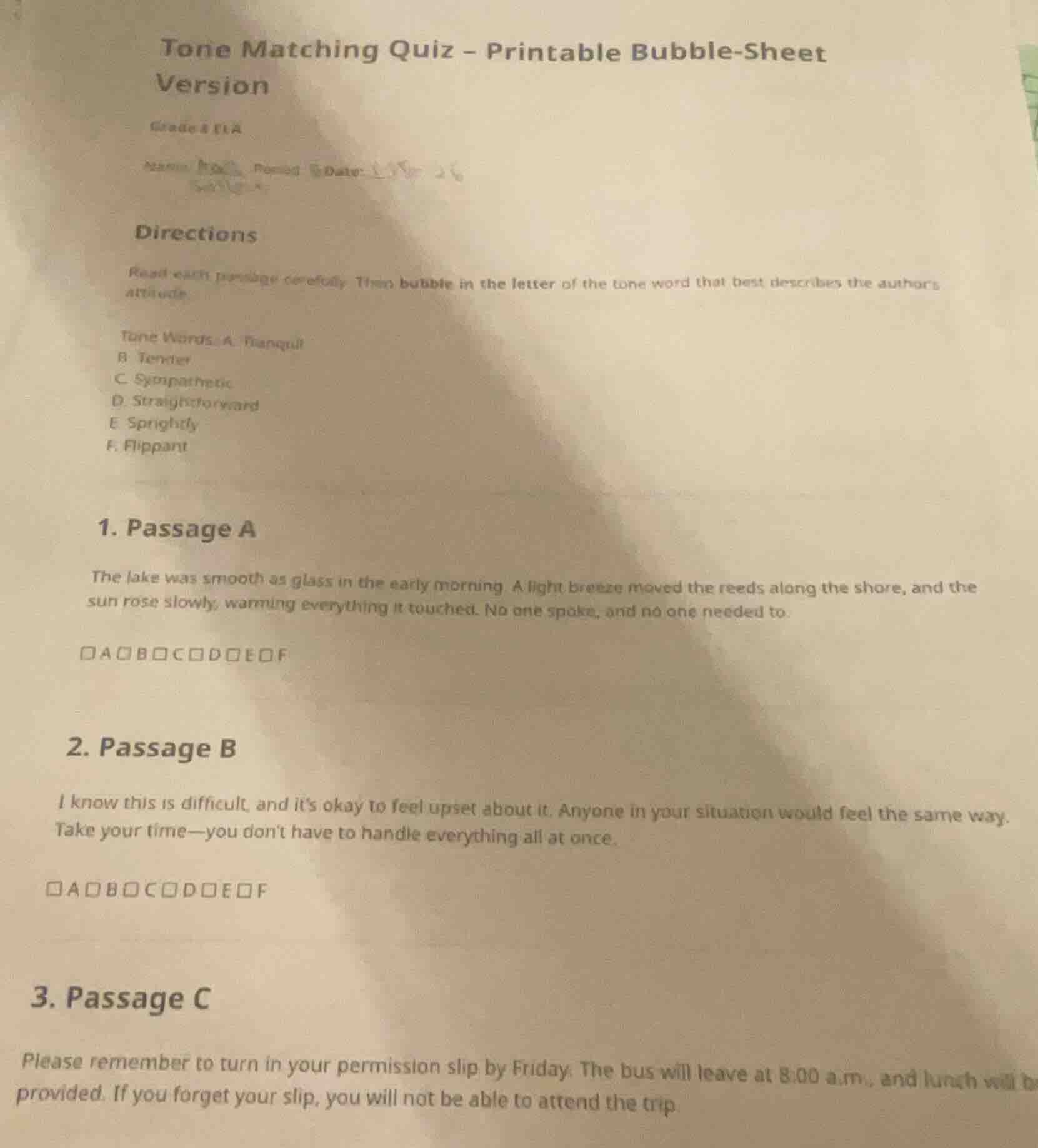 tone matching quiz - printable bubble-sheetversiongrade 8 elaname: ____…