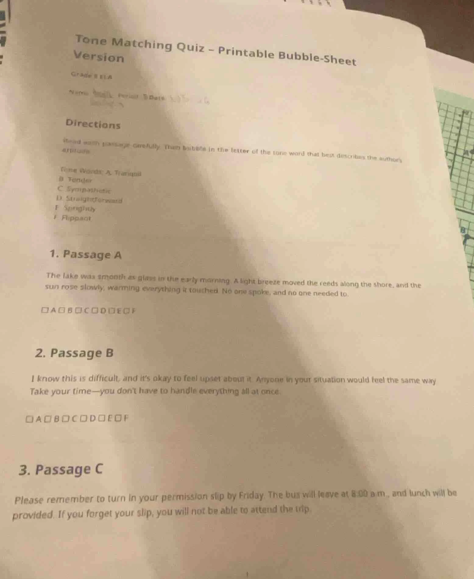 tone matching quiz - printable bubble-sheetversiongrade 8 elaname perio…