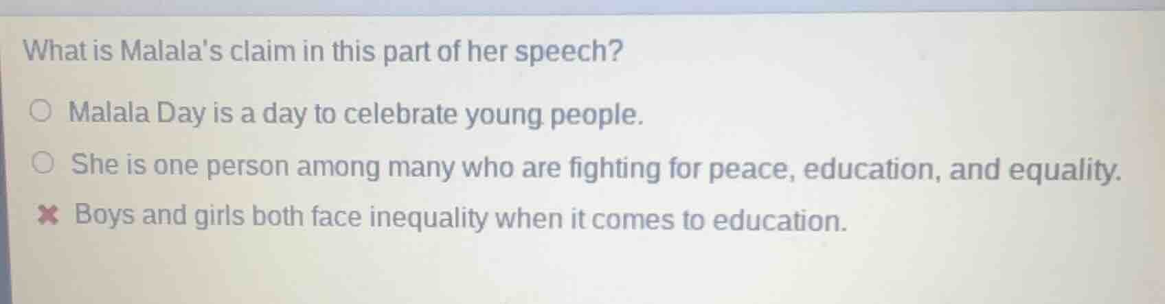 what is malalas claim in this part of her speech? malala day is a day t…
