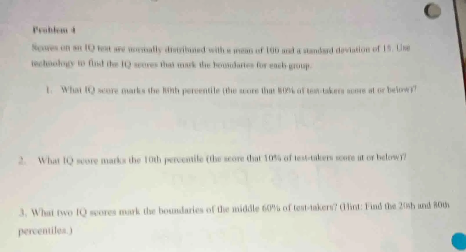 problem 4 scores on an iq test are normally distributed with a mean of …