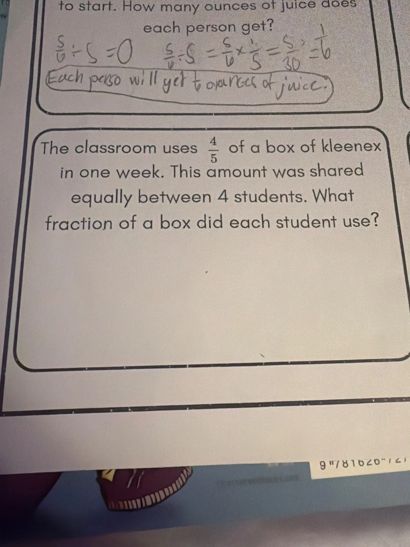to start. how many ounces of juice does each person get?$\frac{5}{6} di…