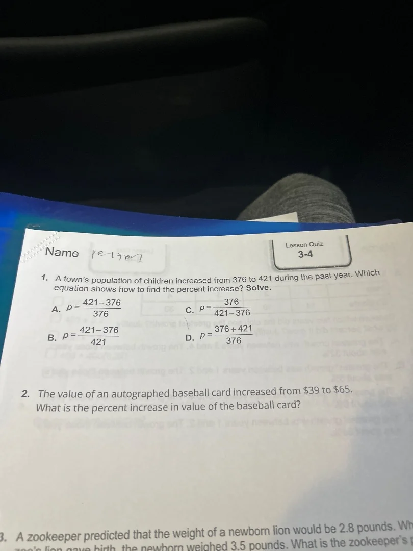 name lesson quiz 3-4 1. a towns population of children increased from 3…