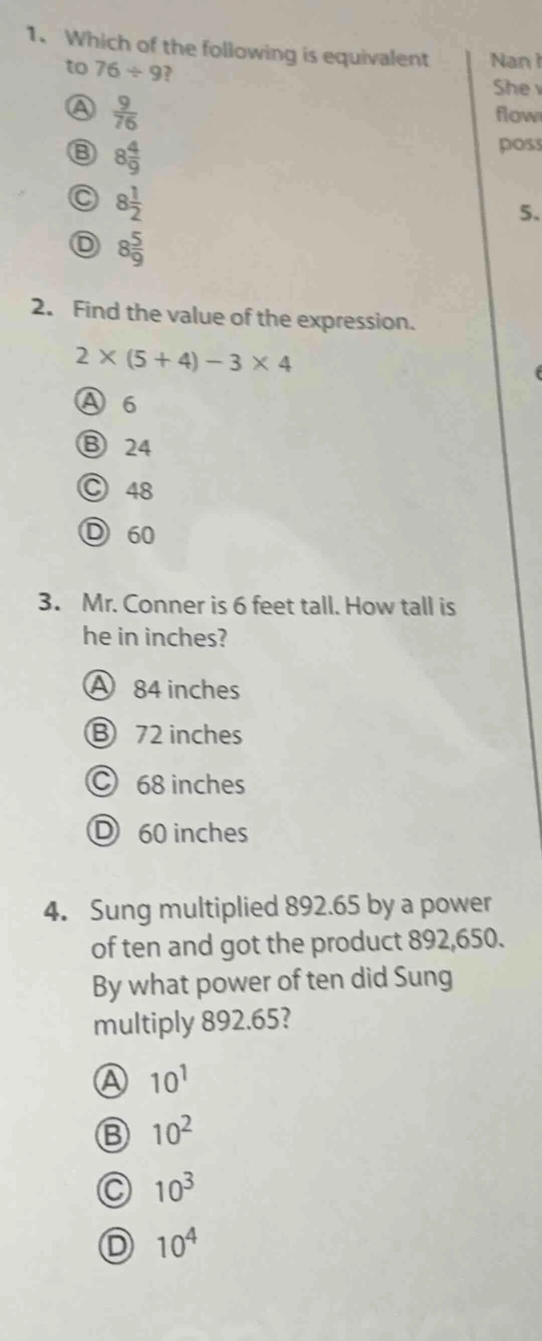 1. which of the following is equivalent to $76\\div9$? a $\frac{9}{76}$…