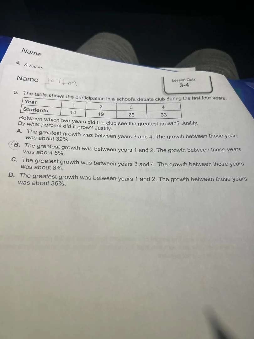 name lesson quiz 3-4 name 5. the table shows the participation in a sch…