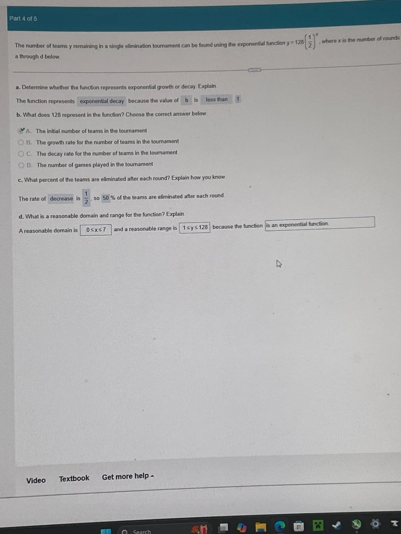 part 4 of 5 the number of teams y remaining in a single elimination tou…