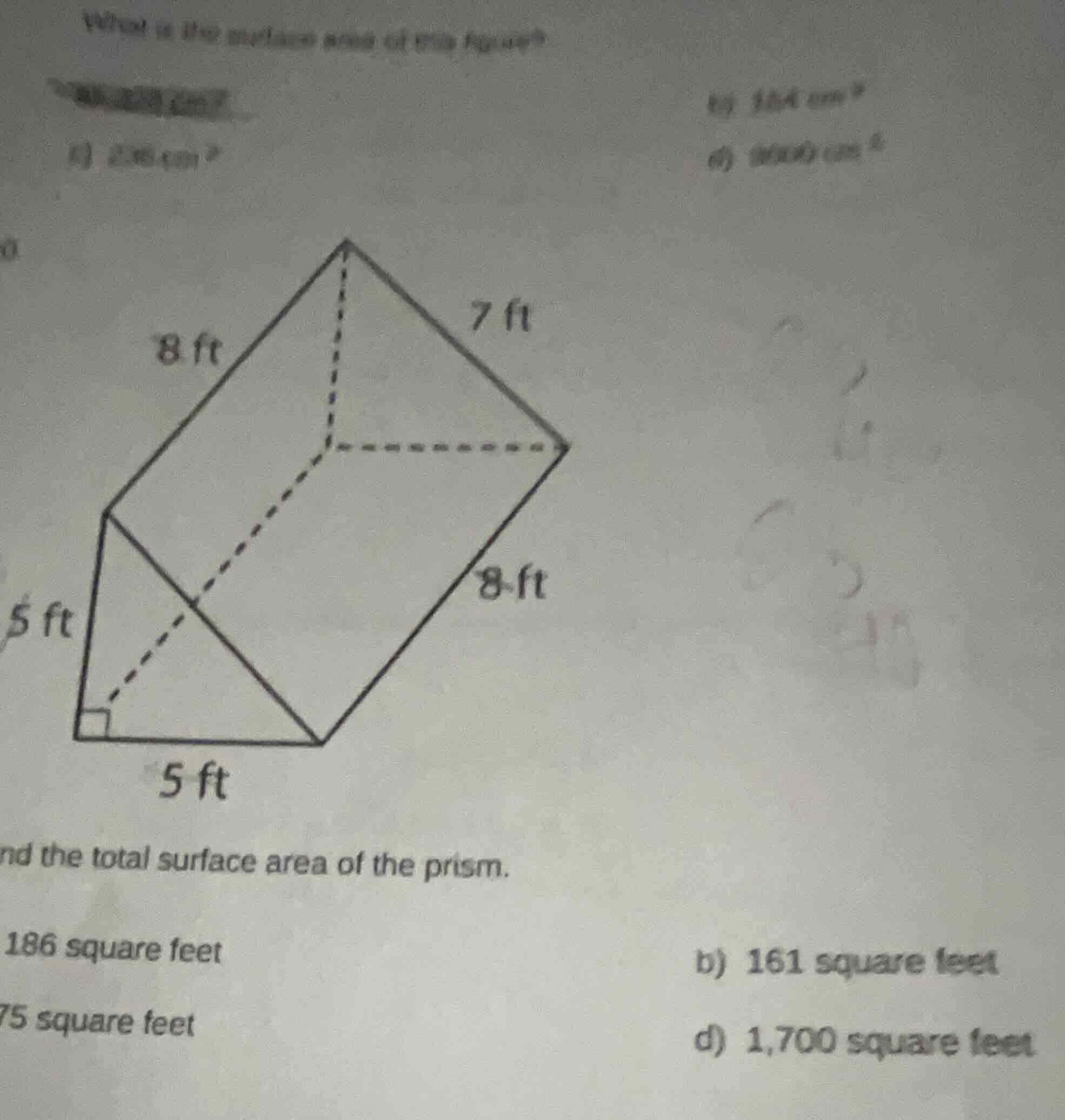 what is the surface area of this figure? a) 236 cm² b) 364 cm² c) 1800 …