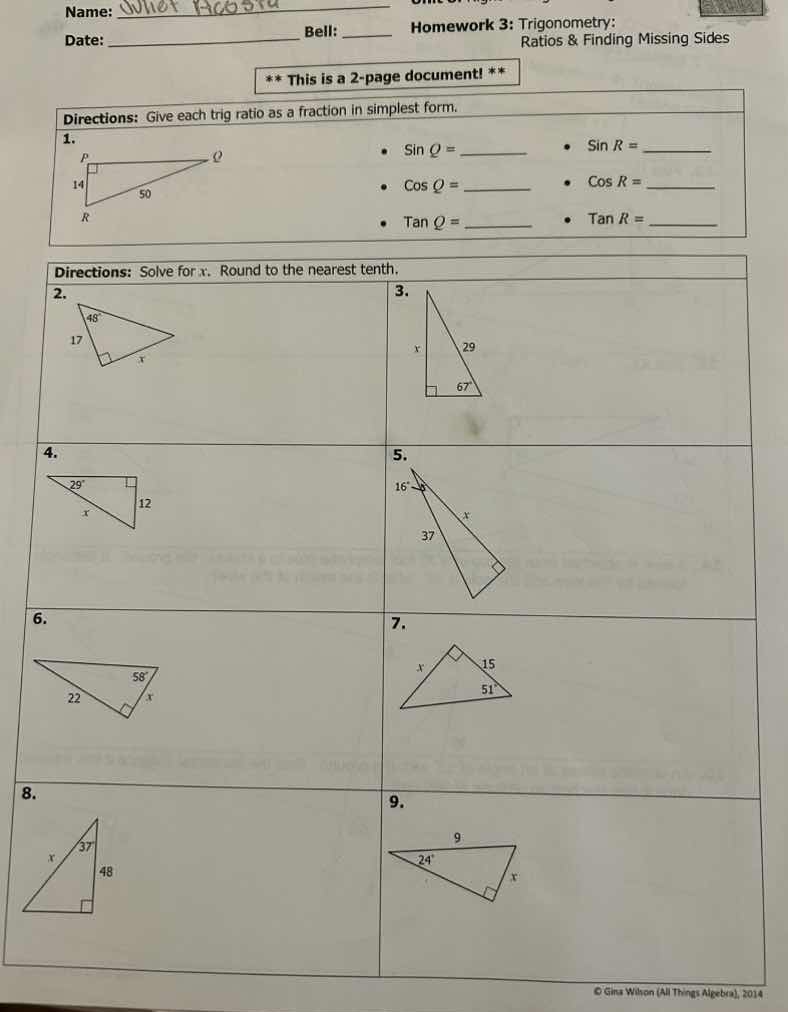 name:date: _______ bell: _______homework 3: trigonometry:ratios & findi…