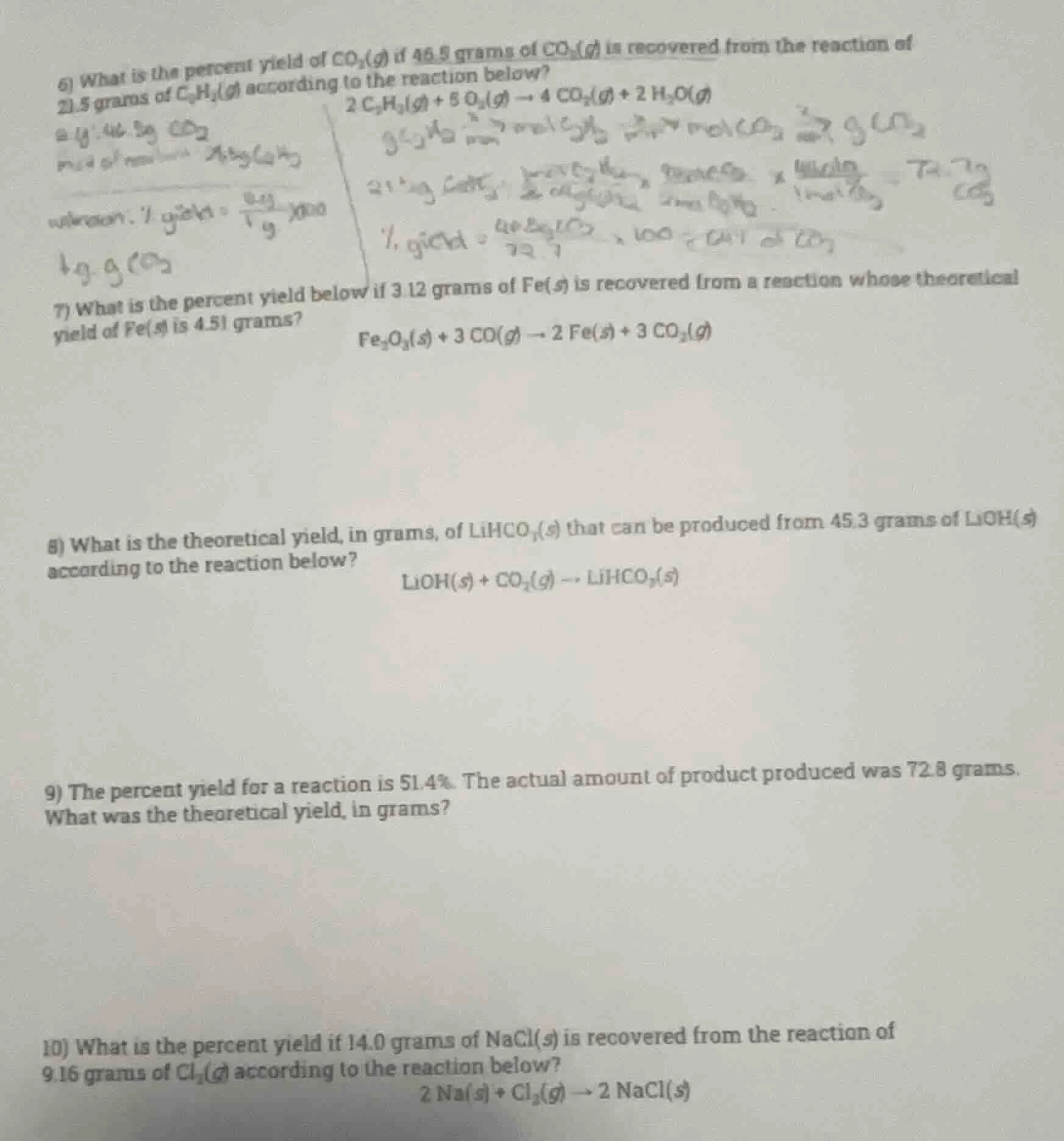 6) what is the percent yield of $\text{co}_2(g)$ if 46.5 grams of $\tex…