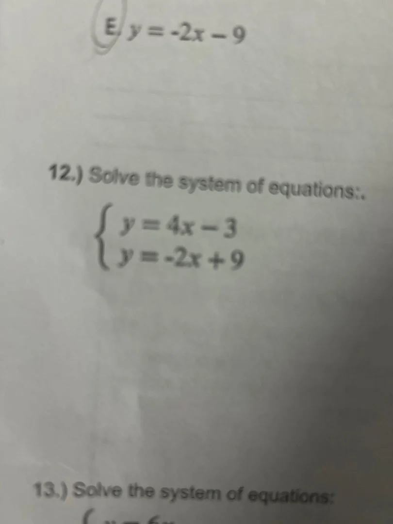e. $y = -2x - 9$ 12.) solve the system of equations:. $\\begin{cases} y…