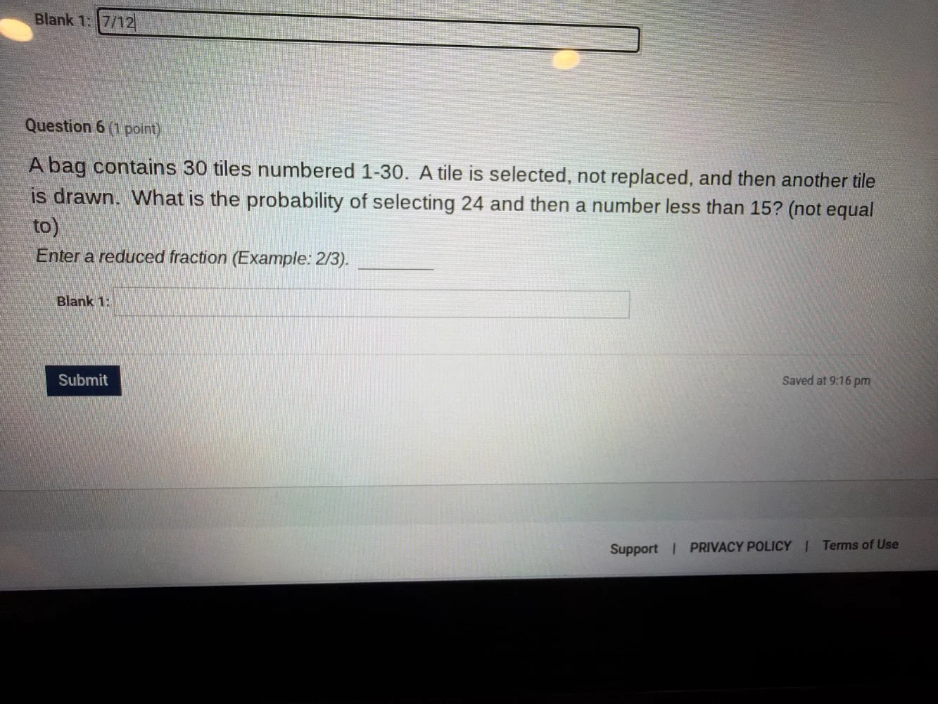blank 1: 7/12 question 6 (1 point) a bag contains 30 tiles numbered 1-3…