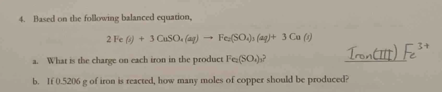 4. based on the following balanced equation, $2\\text{fe}(s) + 3\\text{…