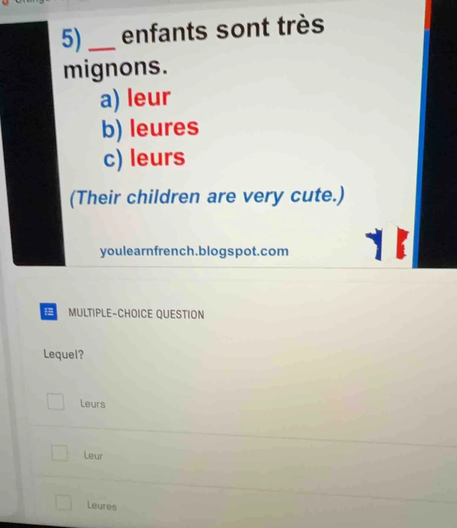 5) ___ enfants sont très mignons. a) leur b) leures c) leurs (their chi…