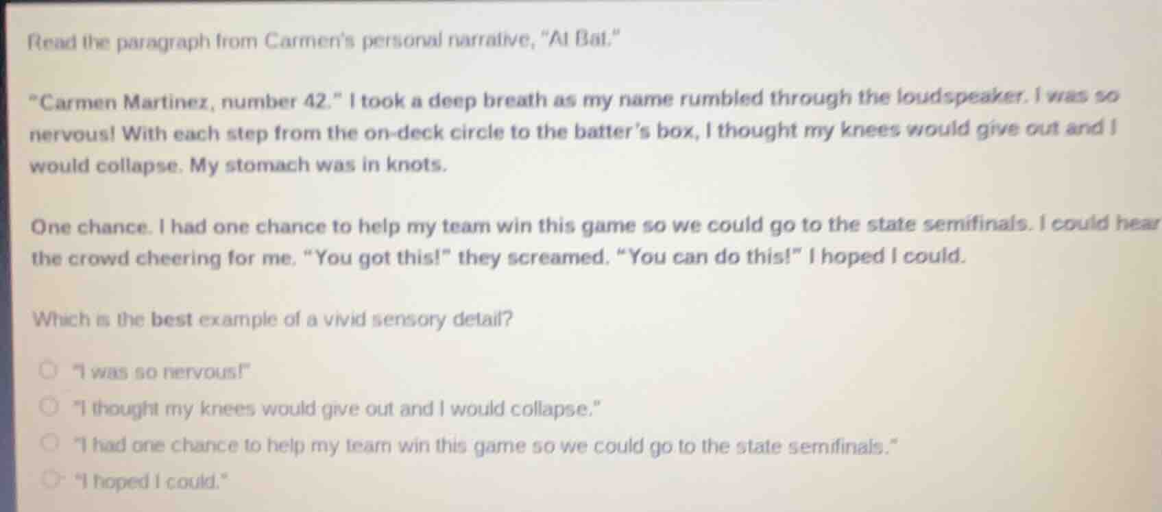 read the paragraph from carmens personal narrative, \at bat.\ \carmen m…