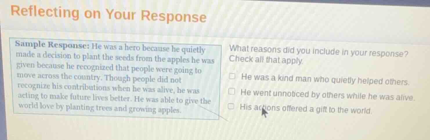 reflecting on your response sample response: he was a hero because he q…