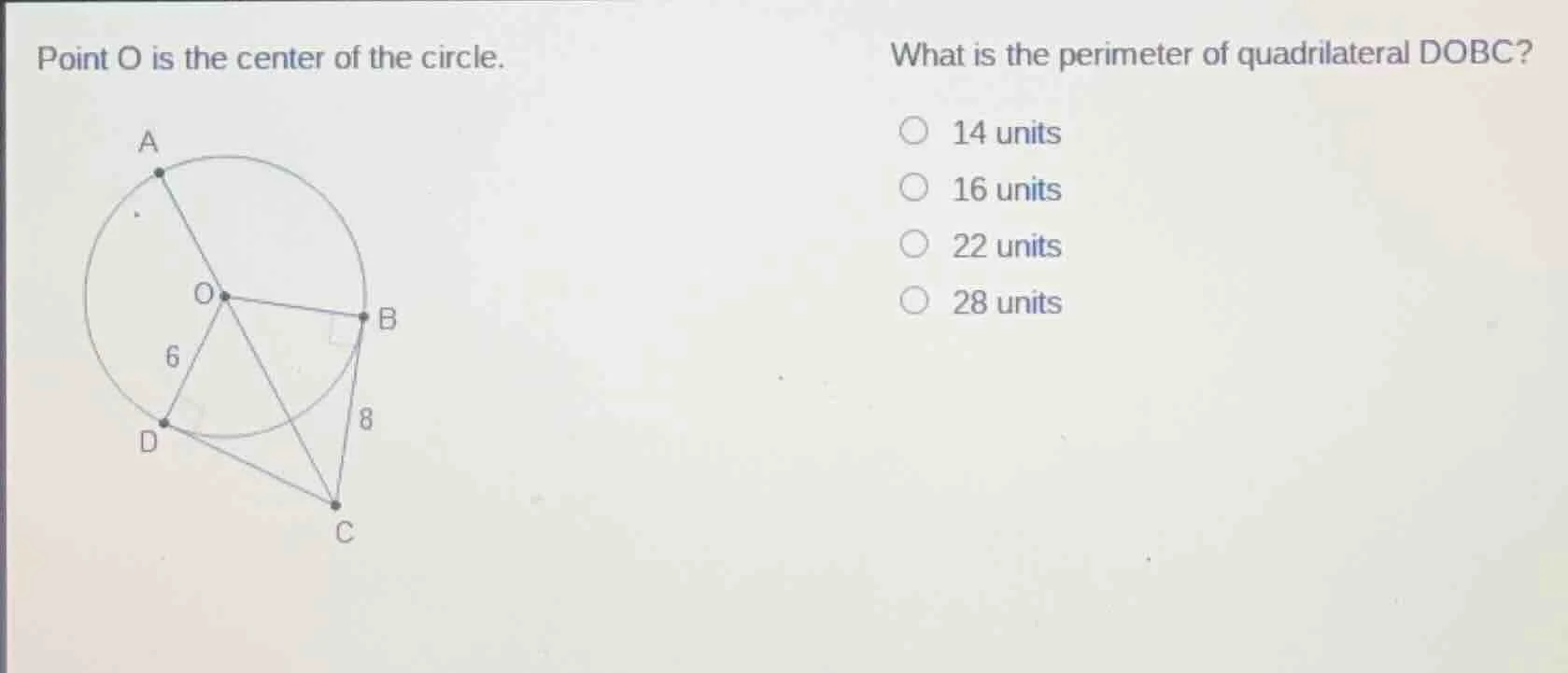 point o is the center of the circle. what is the perimeter of quadrilat…