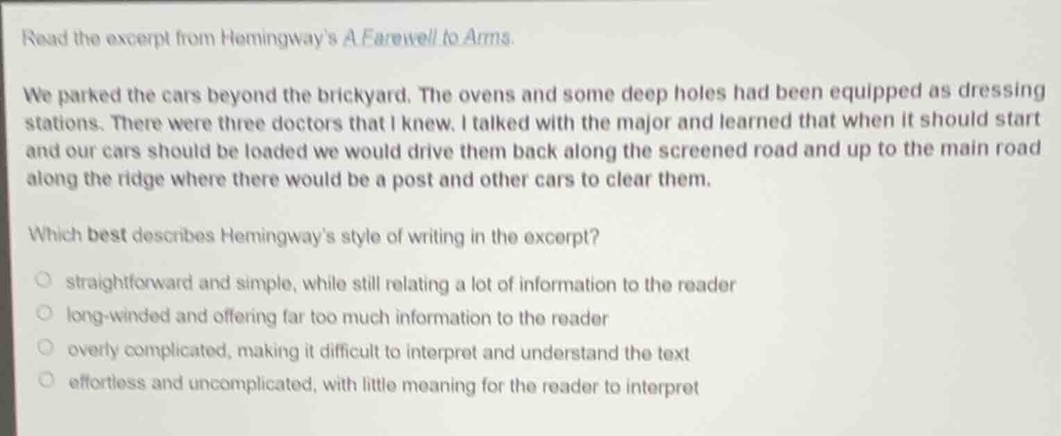 read the excerpt from hemingways a farewell to arms. we parked the cars…