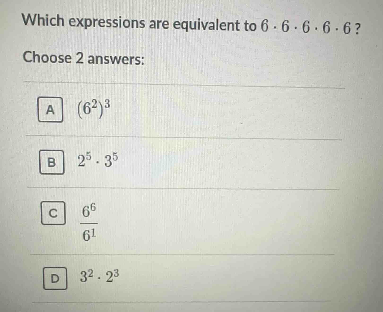 which expressions are equivalent to $6 \\cdot 6 \\cdot 6 \\cdot 6 \\cdo…