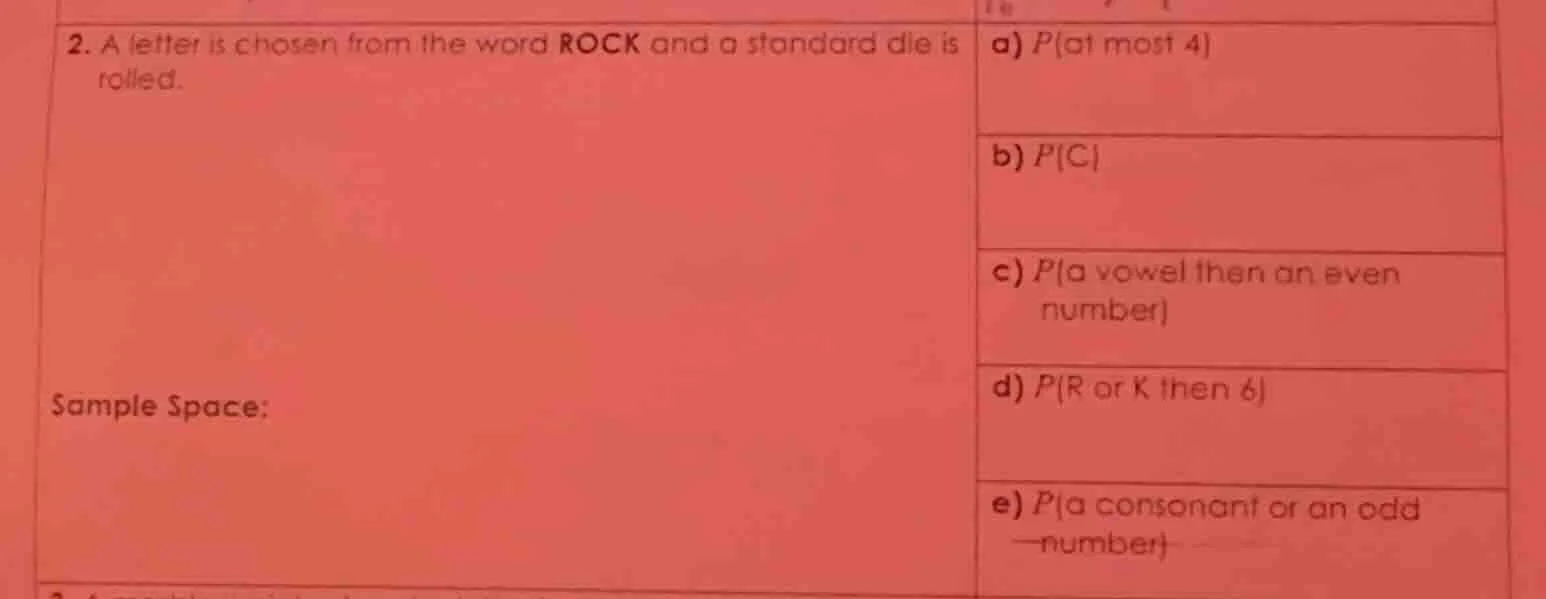 2. a letter is chosen from the word rock and a standard die is rolled. …