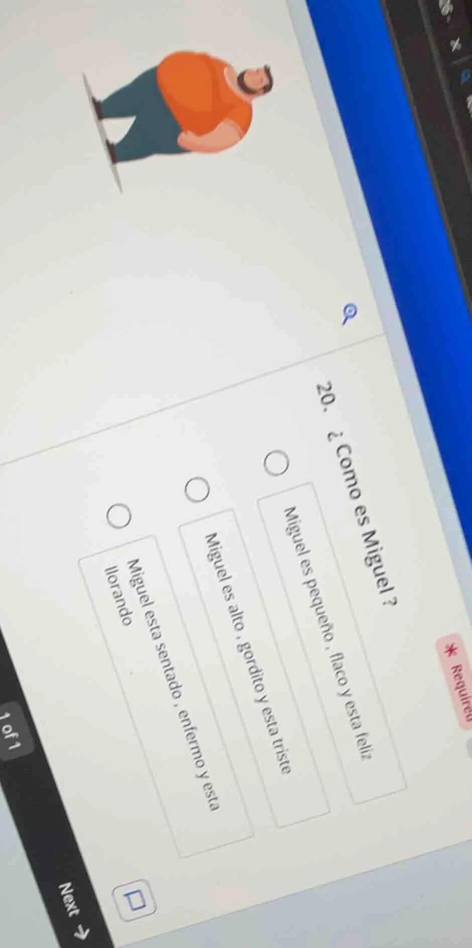 20. ¿como es miguel?○ miguel es pequeño, flaco y esta feliz○ miguel es …