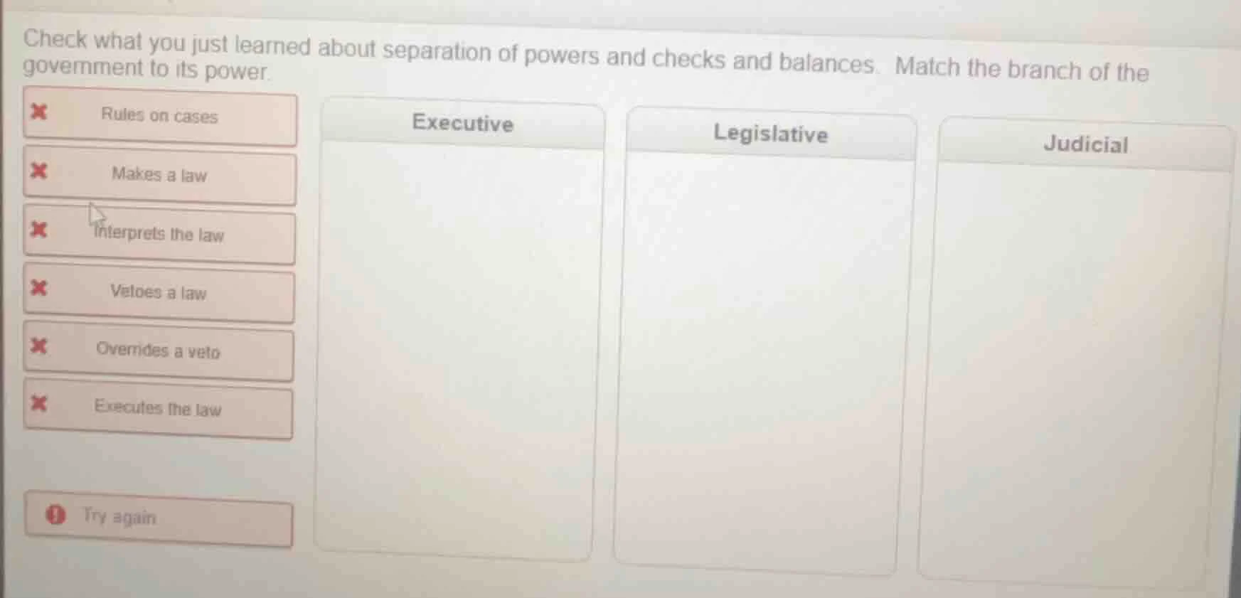 check what you just learned about separation of powers and checks and b…