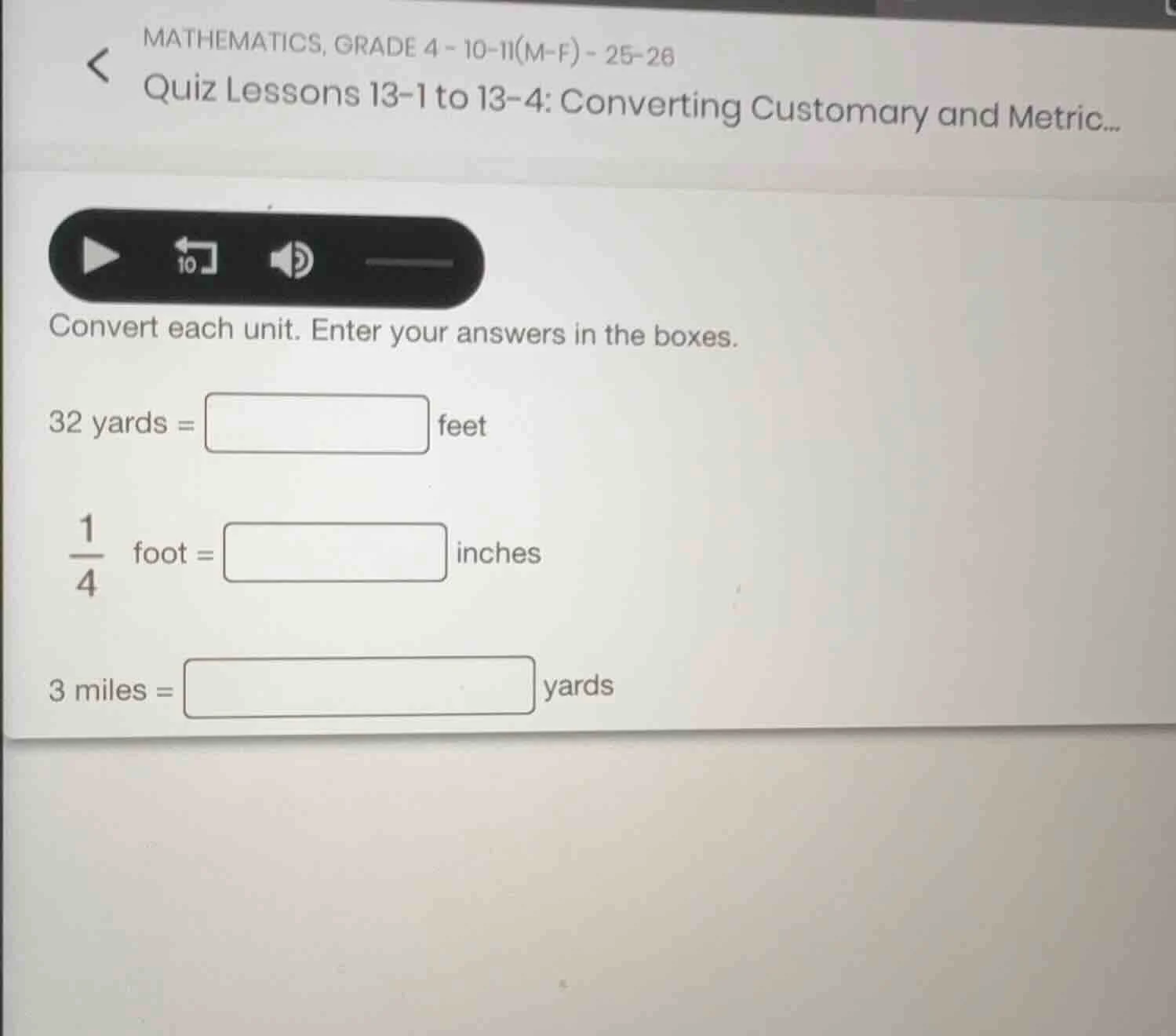 mathematics, grade 4 - 10-11(m-f) - 25-26 quiz lessons 13-1 to 13-4: co…