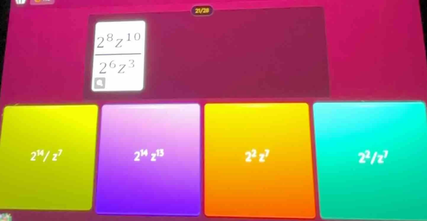 simplify the expression: $\frac{2^{8}z^{10}}{2^{6}z^{3}}$options:1. $\f…