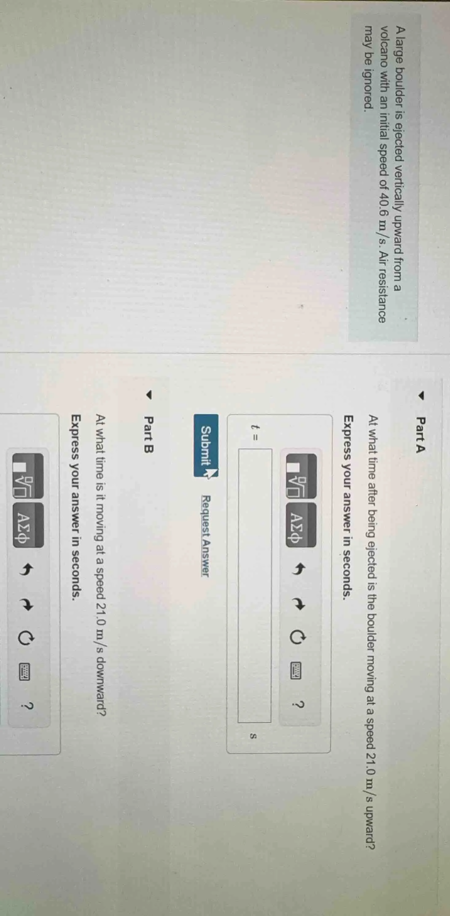 a large boulder is ejected vertically upward from a volcano with an ini…