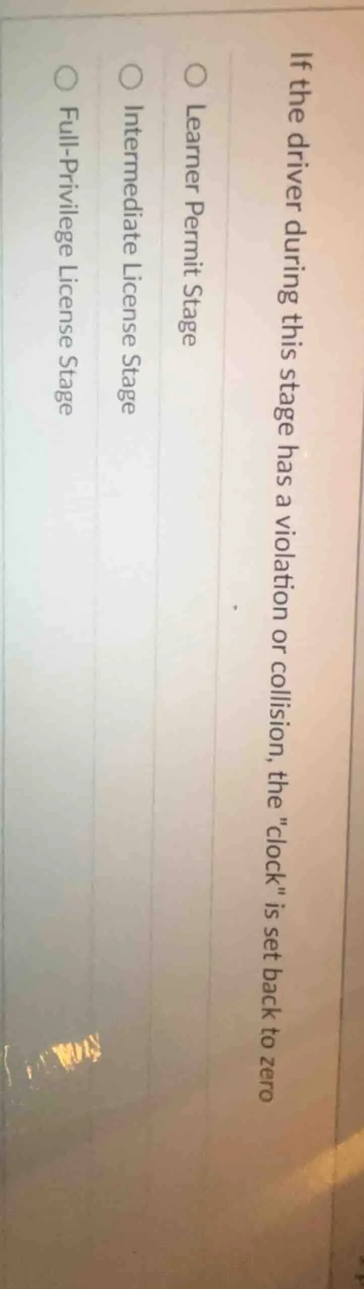 if the driver during this stage has a violation or collision, the \cloc…