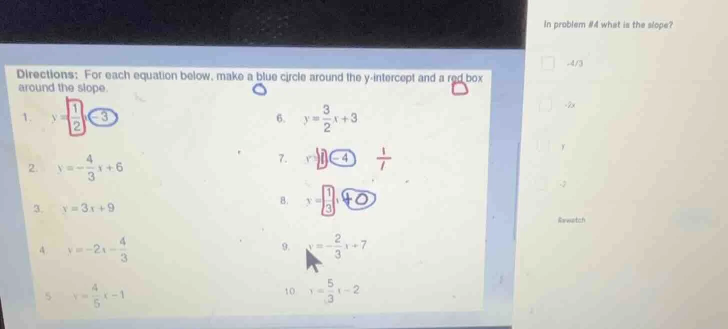 directions: for each equation below, make a blue circle around the y-in…