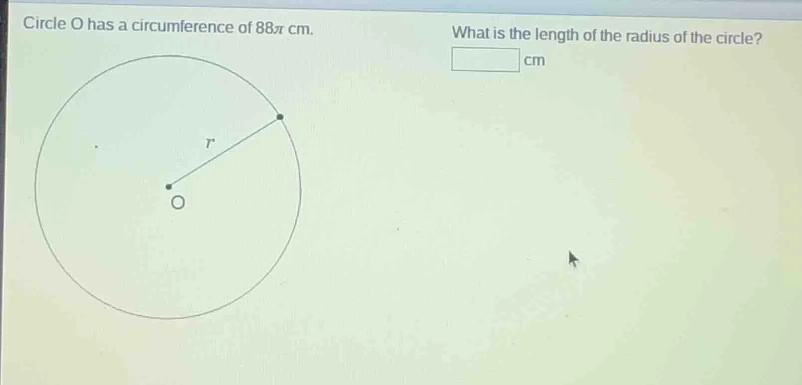 circle o has a circumference of $88\\pi$ cm. what is the length of the …