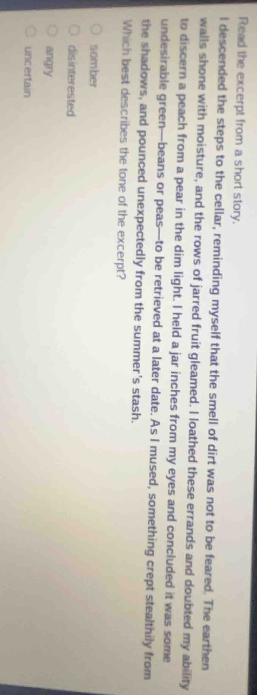 read the excerpt from a short story. i descended the steps to the cella…