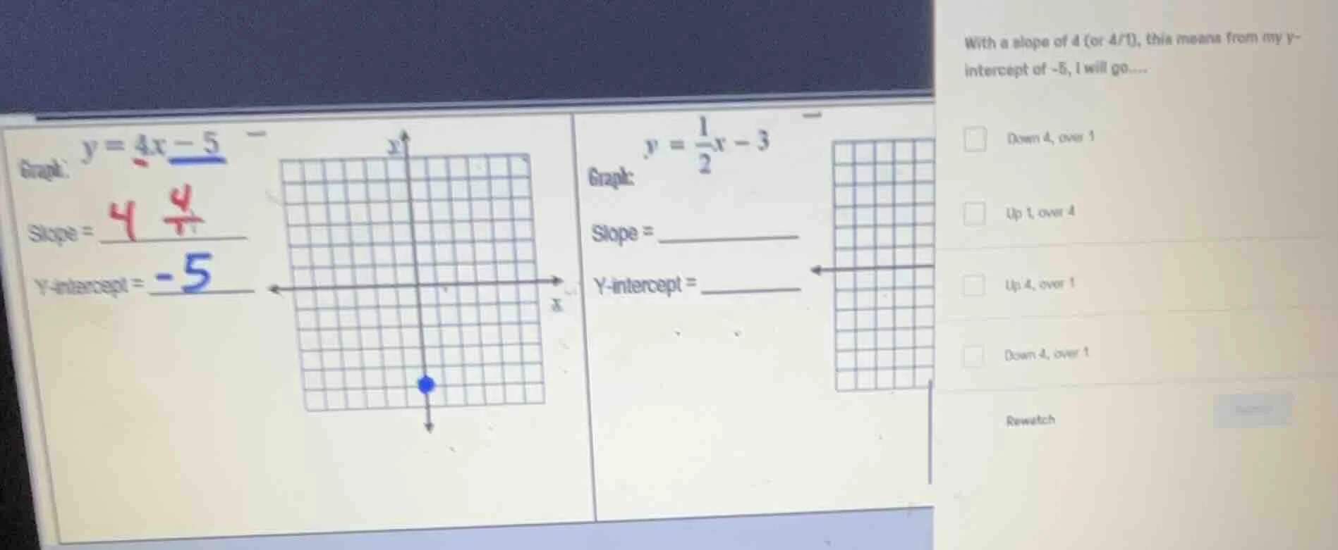 graph: $y = 4x - 5$ slope = $\frac{4}{1}$ y-intercept = $-5$ graph: $y …