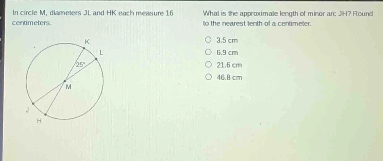 in circle m, diameters jl and hk each measure 16 centimeters. what is t…