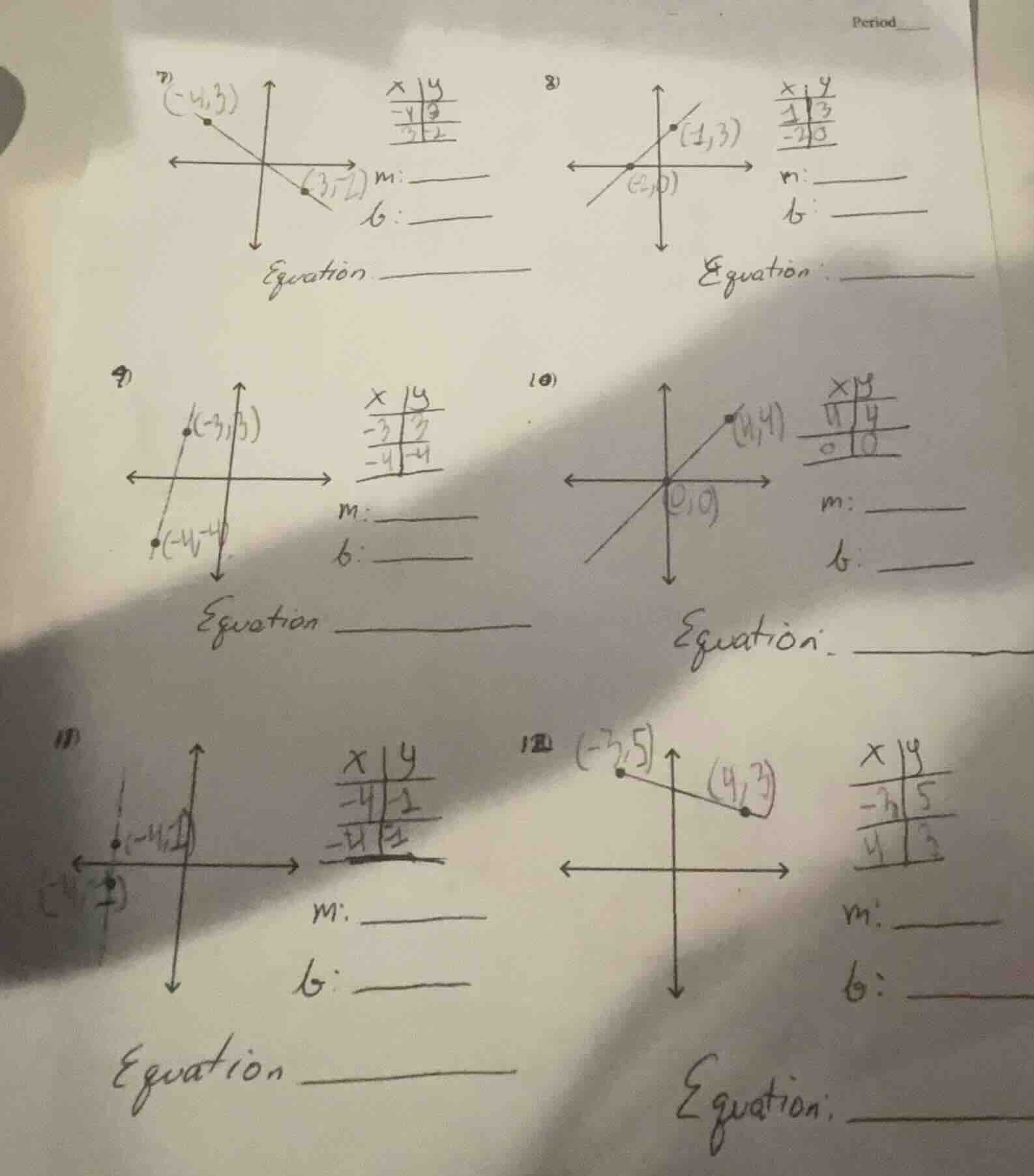 period 7) $\\begin{array}{|c|c|}\\hline x & y \\\\\\hline -4 & 3 \\\\\\…