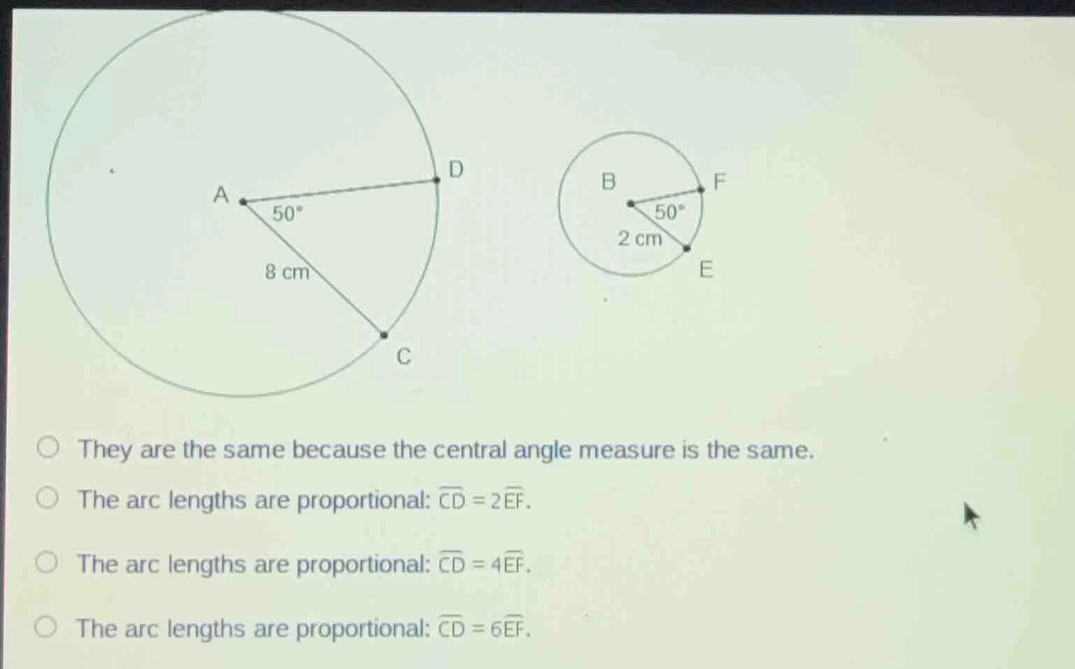 circle with center a, radius ac = 8 cm, central angle ∠cad = 50°, corre…