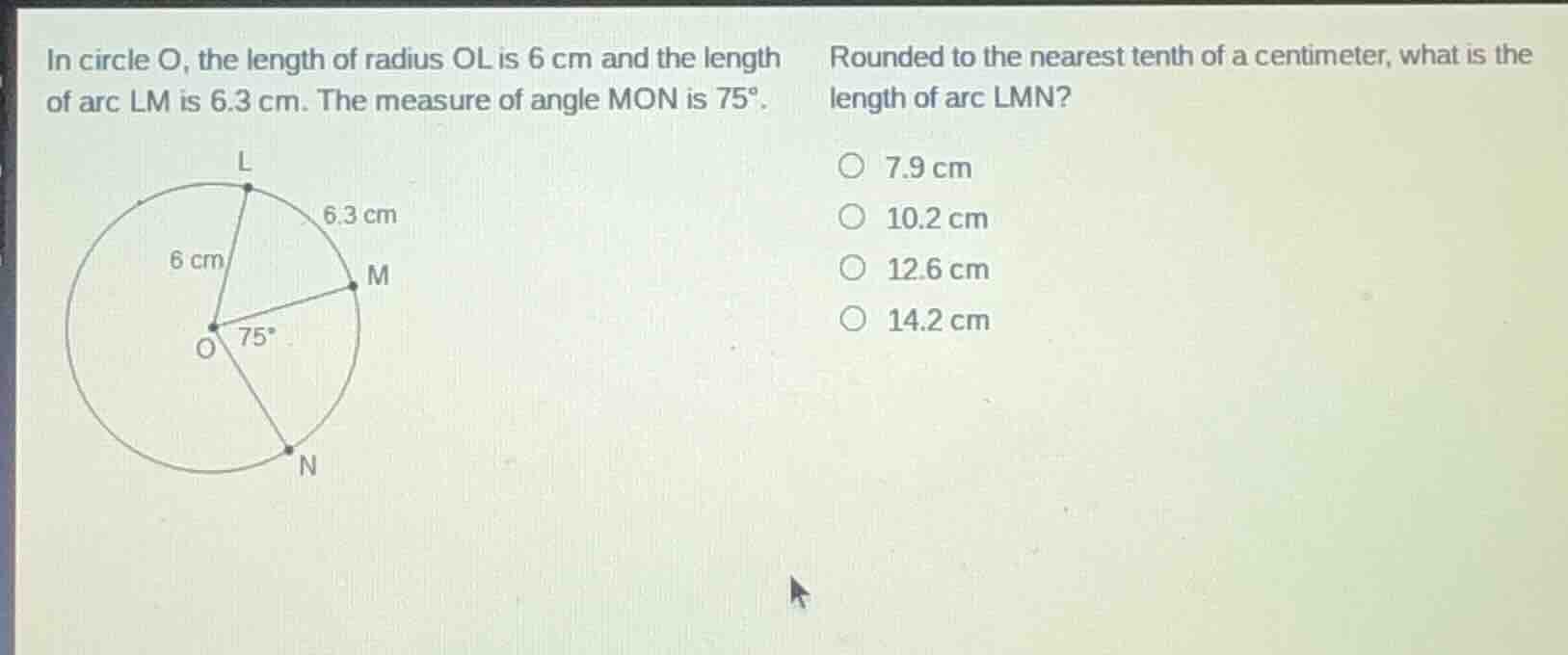 in circle o, the length of radius ol is 6 cm and the length of arc lm i…