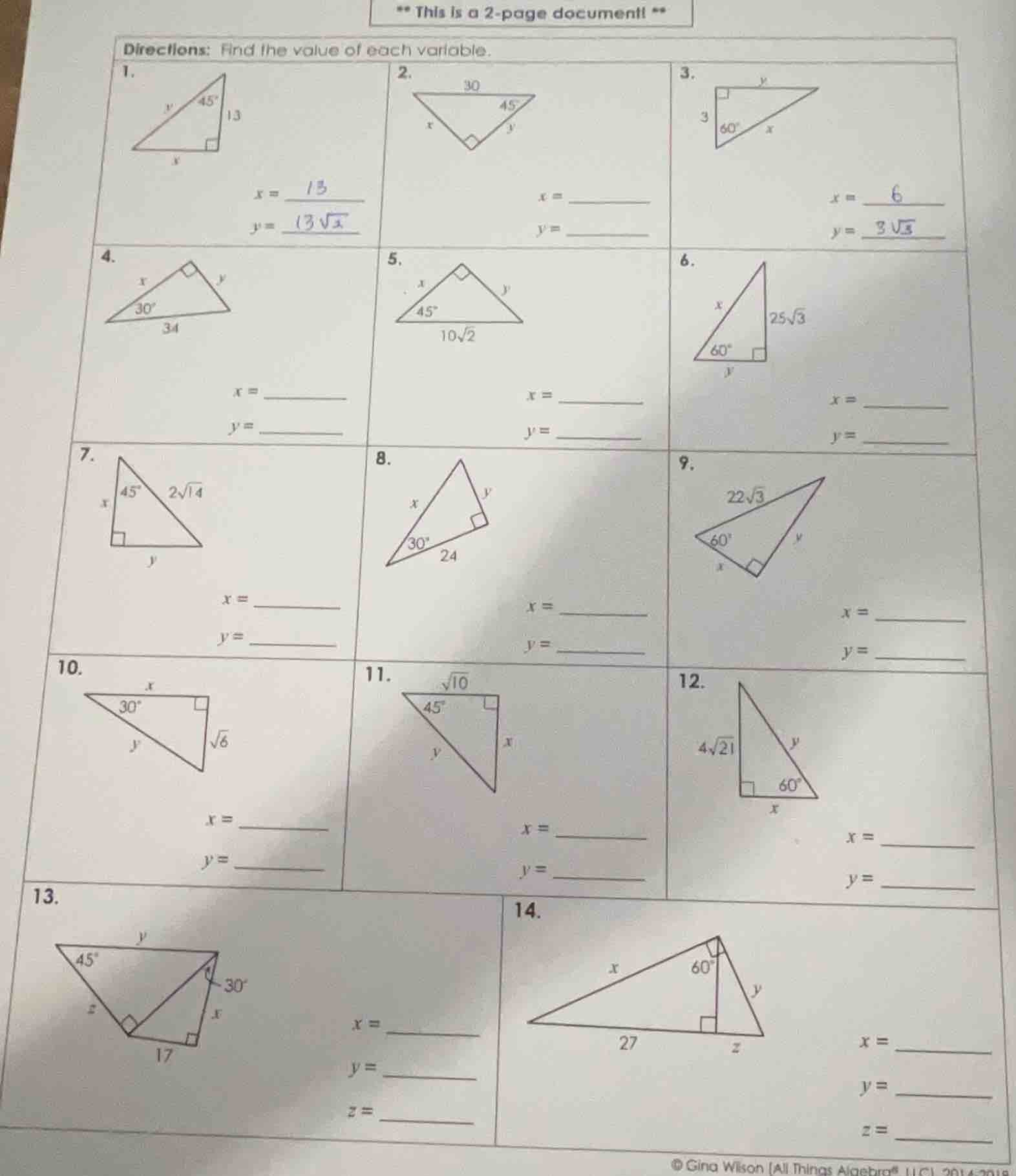 ** this is a 2-page document! ** directions: find the value of each var…