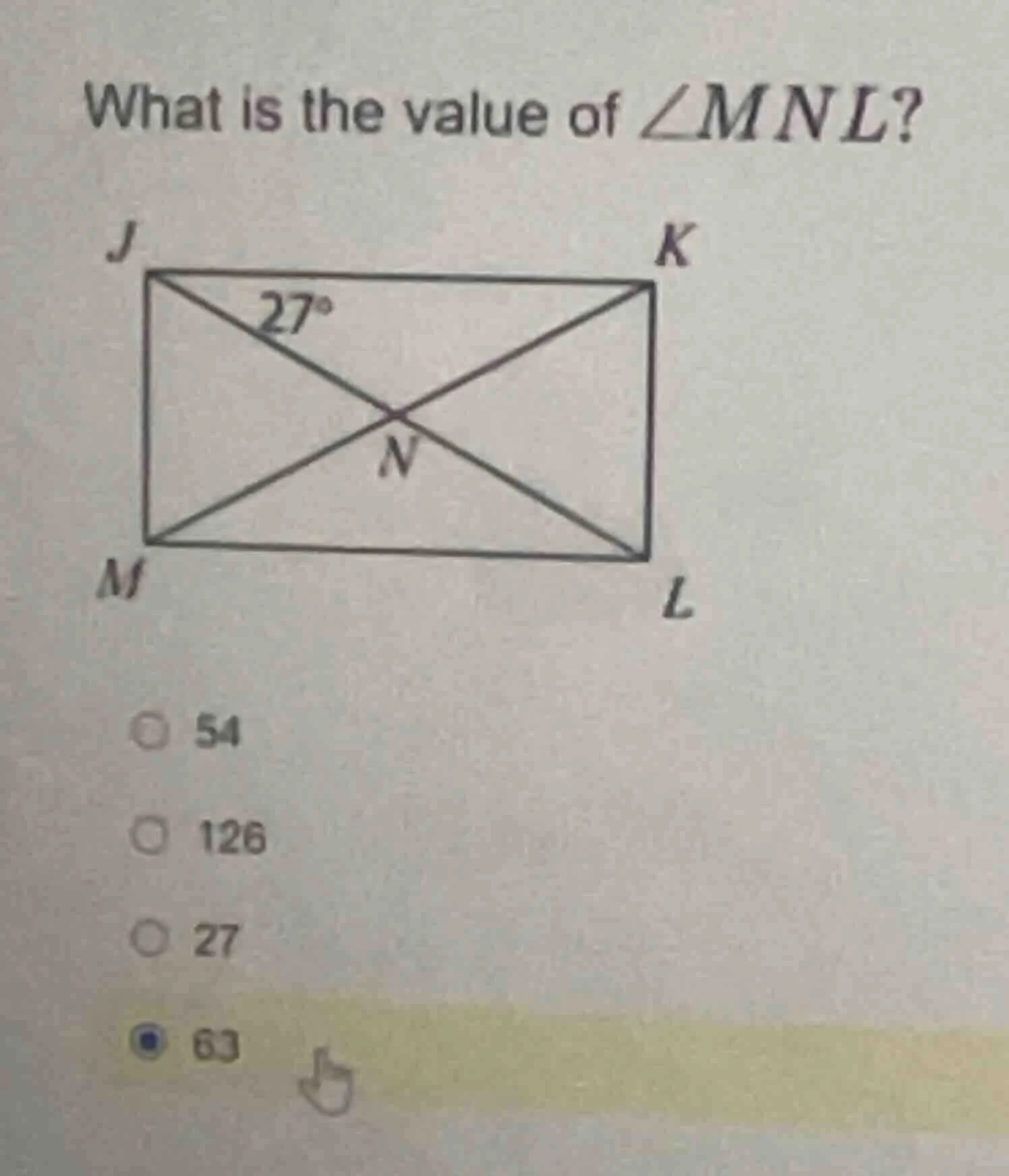 what is the value of $angle mnl$?$\bigcirc$ 54$\bigcirc$ 126$\bigcirc$ …