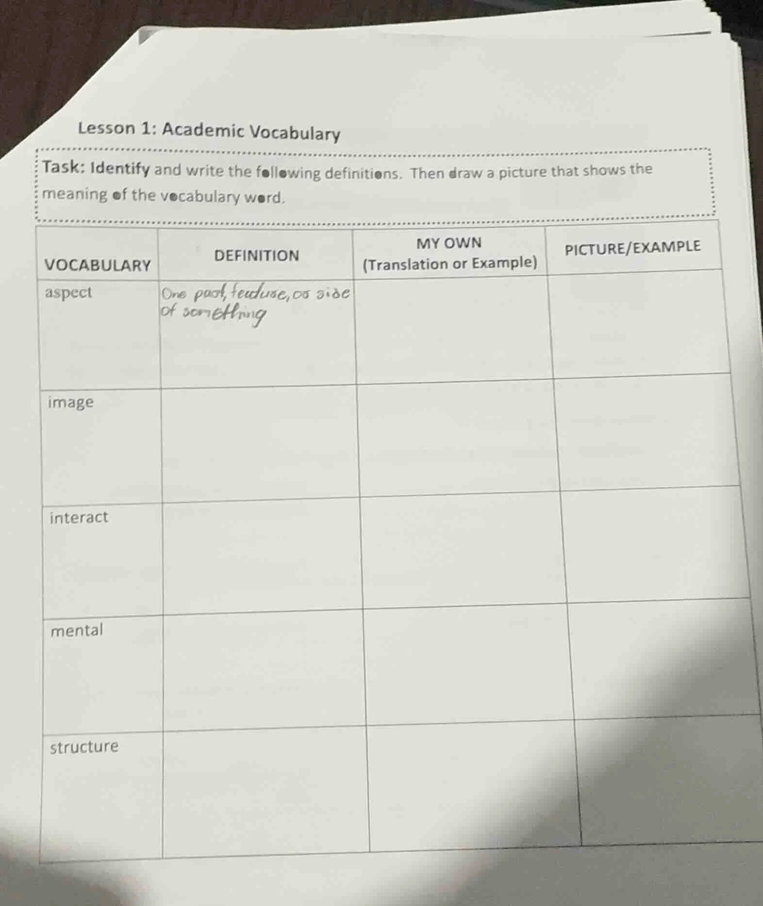 lesson 1: academic vocabulary task: identify and write the following de…