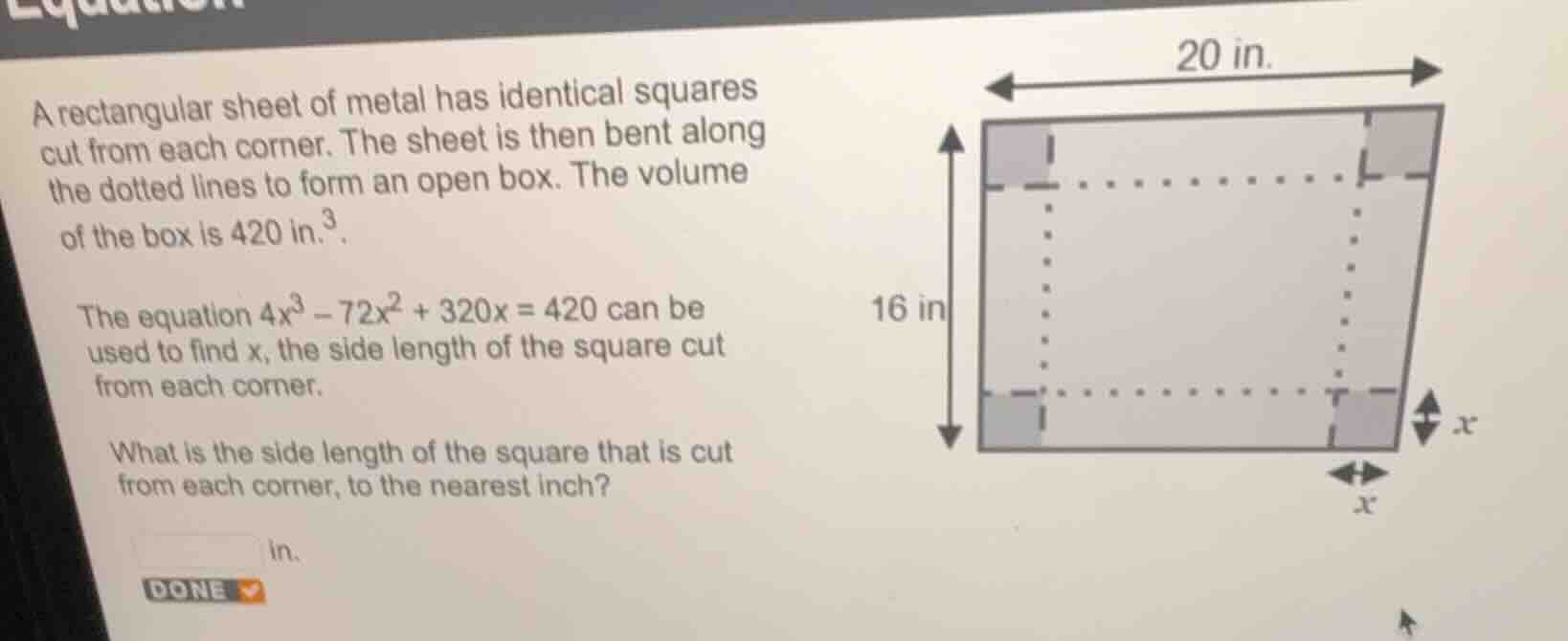 a rectangular sheet of metal has identical squares cut from each corner…