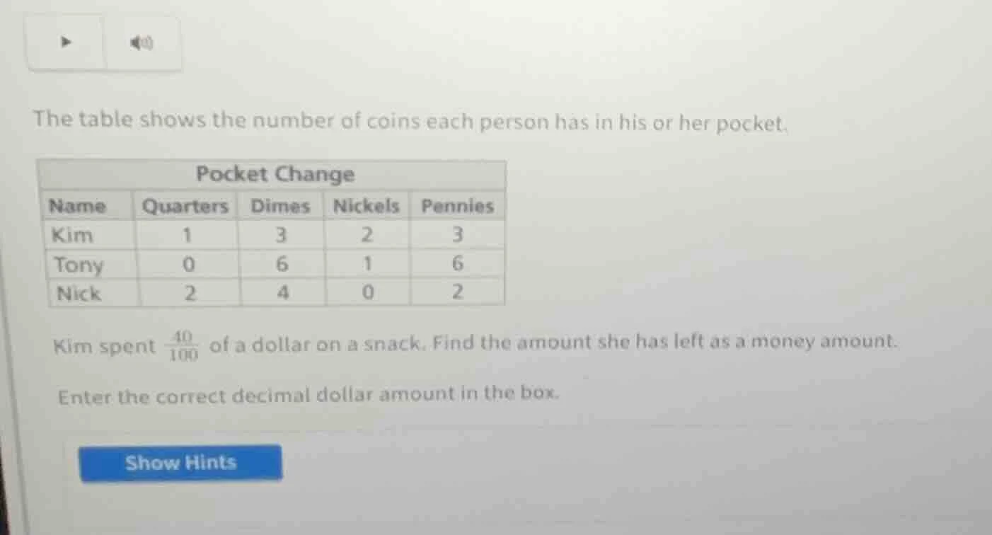the table shows the number of coins each person has in his or her pocke…