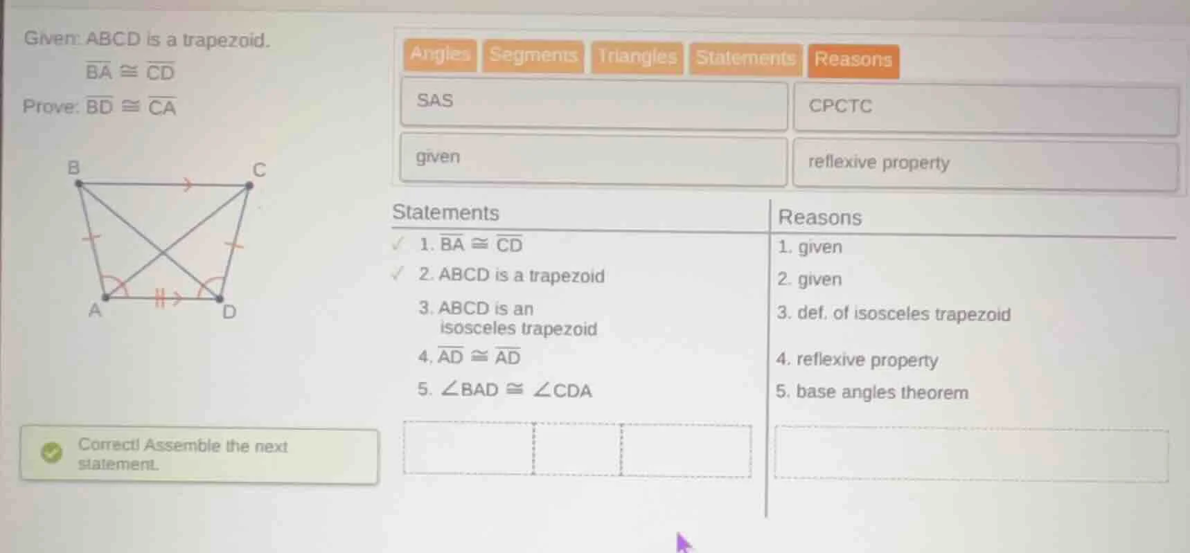 given: abcd is a trapezoid.$overline{ba} cong overline{cd}$prove: $over…